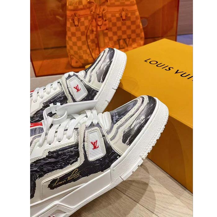 Louis Vuitton LV Unisex Trainer Sneaker Black Printed Calf Leather Rubber Outsole Monogram Flowers