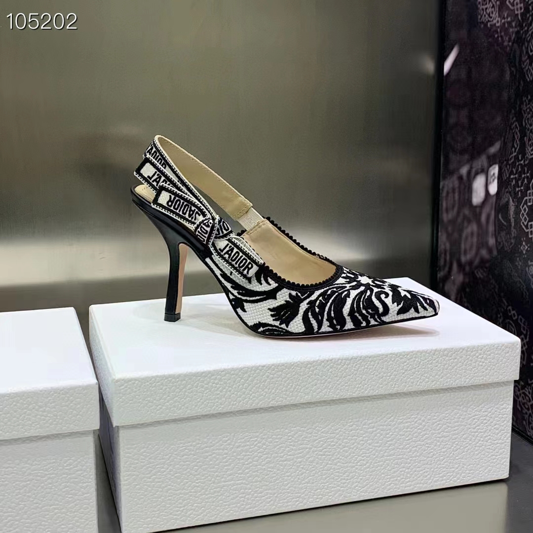 Dior CD Women J’Adior Slingback Pump Black White Ornamental Cotton Cornely Embroidery