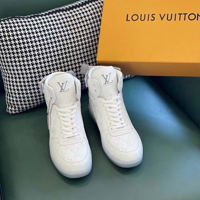 Louis Vuitton LV Unisex Rivoli Sneaker Boot Silver White Calf Leather Monogram Canvas