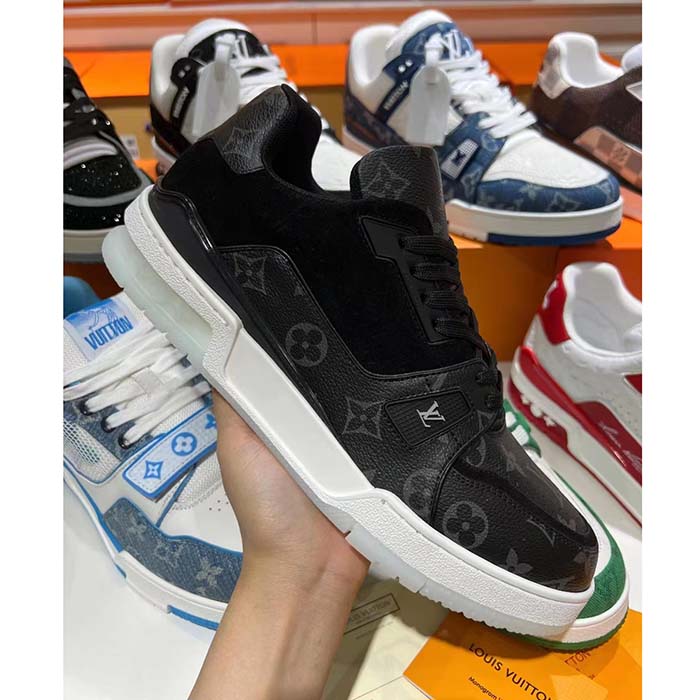 Louis Vuitton Unisex LV Trainer Sneaker Black Eclipse Monogram Canvas Rubber Flowers