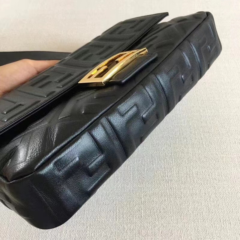 Fendi Women Baguette Chain Midi Black Nappa Leather Bag