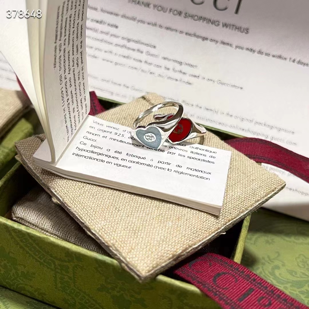 Gucci Unisex GG Heart Ring Interlocking G 925 Sterling Silver Red Enamel