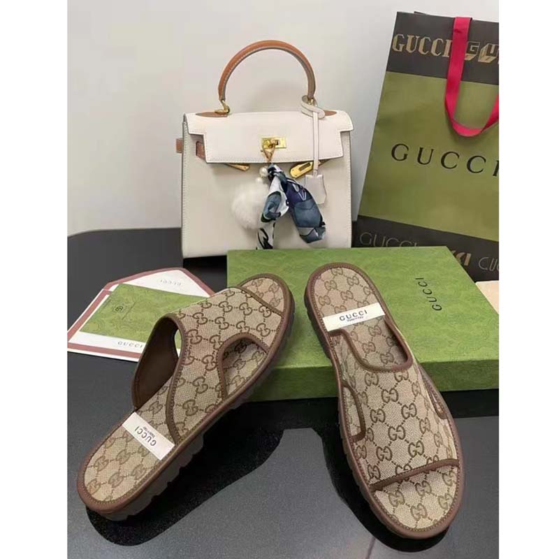Gucci Unisex GG Supreme Slide Sandal Beige Ebony Canvas Rubber Flat 1 Cm Heel