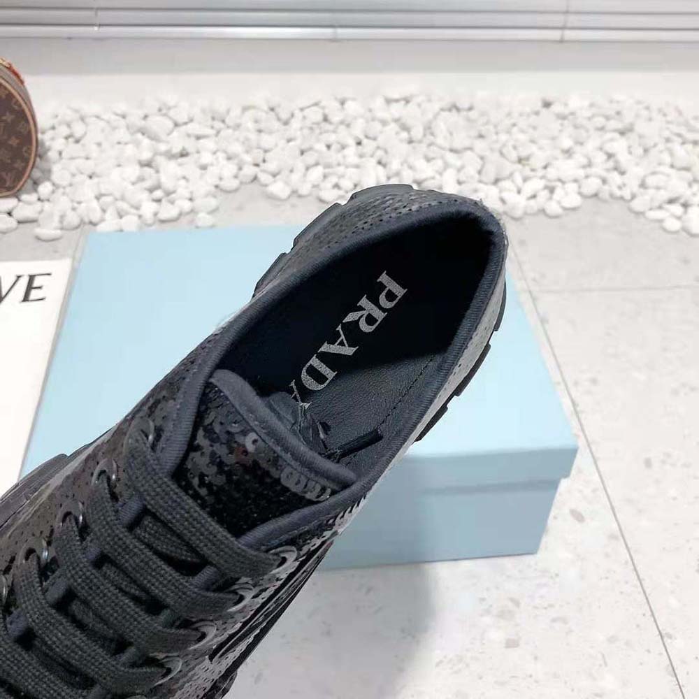 Prada Women Double Wheel Sequin Sneakers-Black