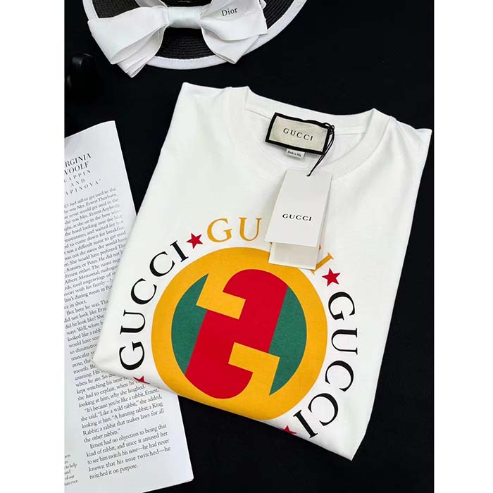 Gucci Men GG Cotton Jersey Printed T-Shirt Off White Crewneck Short Sleeves