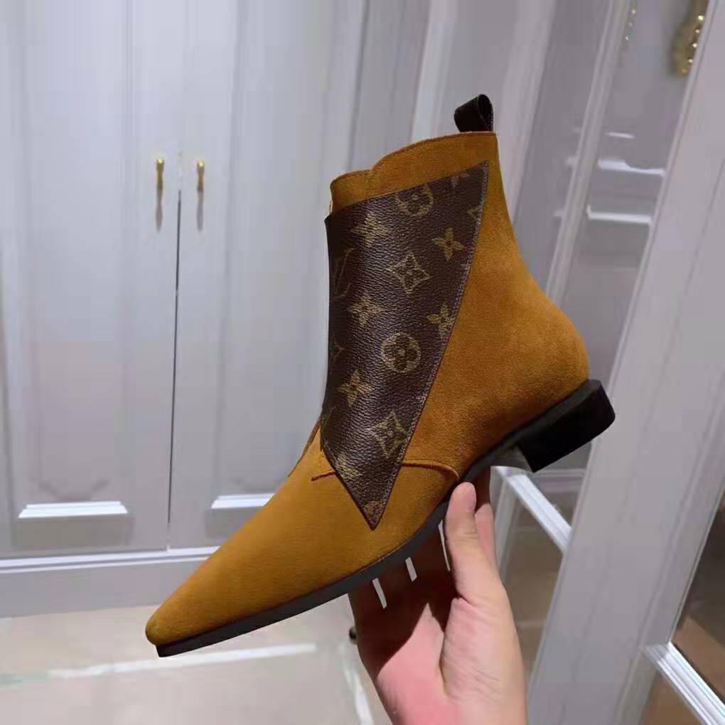 Louis Vuitton LV Women Jumble Flat Ankle Boot in Suede Calf Leather and Patent Monogram Canvas-Brown