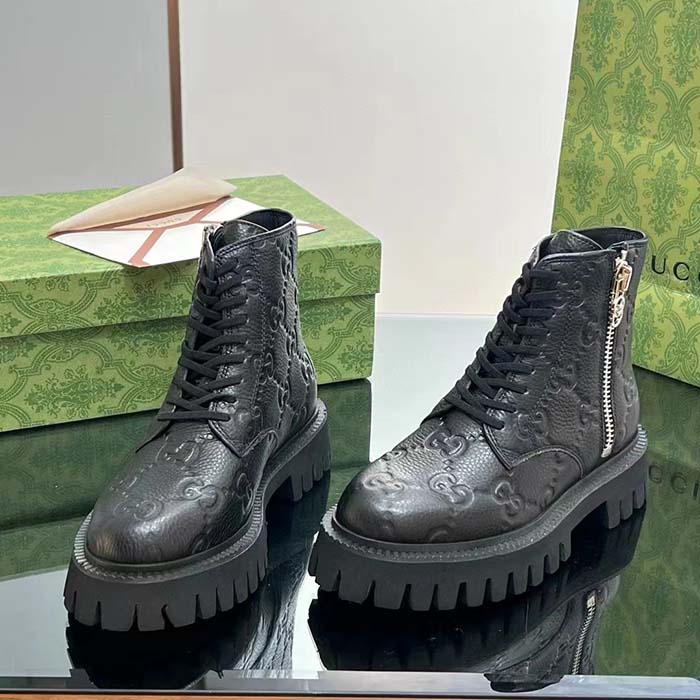 Gucci Unisex GG Leather Boots Rubber Lug Sole Lace-Up Interlocking G Flats