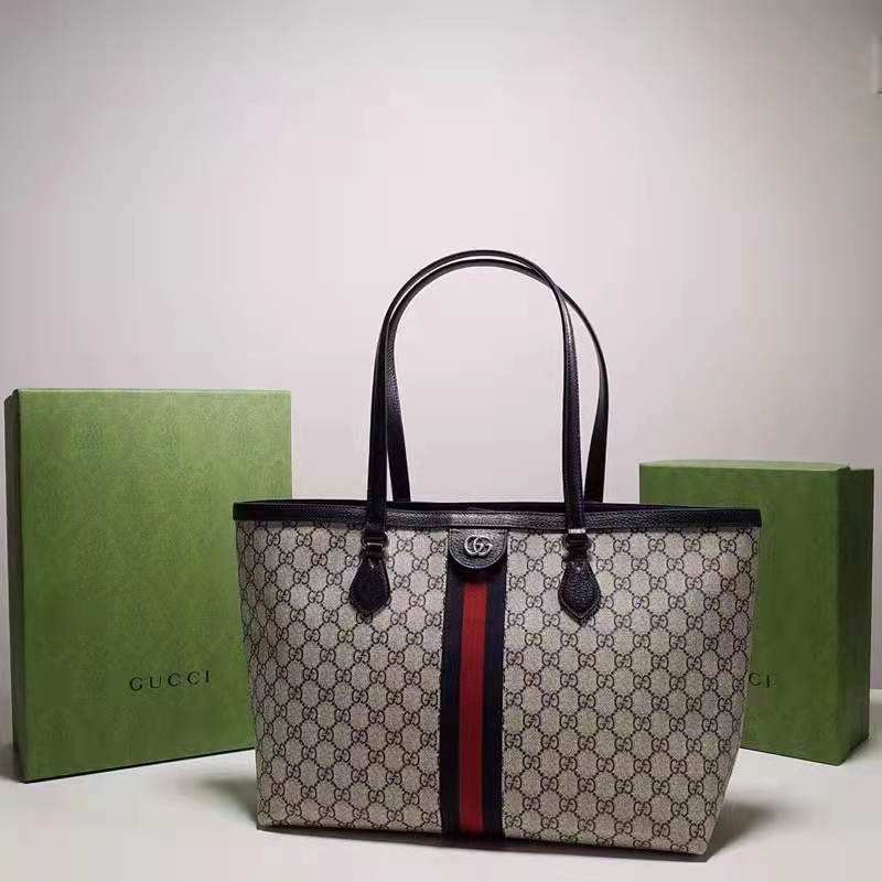 Gucci Unisex Ophidia Medium GG Tote Beige Blue GG Supreme Canvas