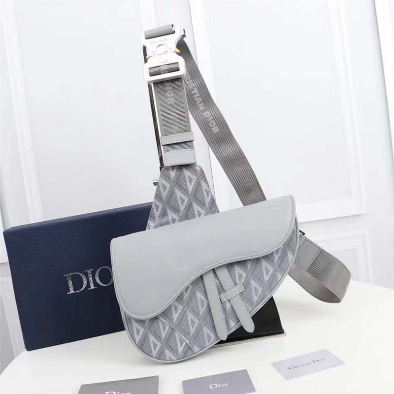 Dior Unisex CD Mini Saddle Bag Gray CD Diamond Canvas Smooth Calfskin