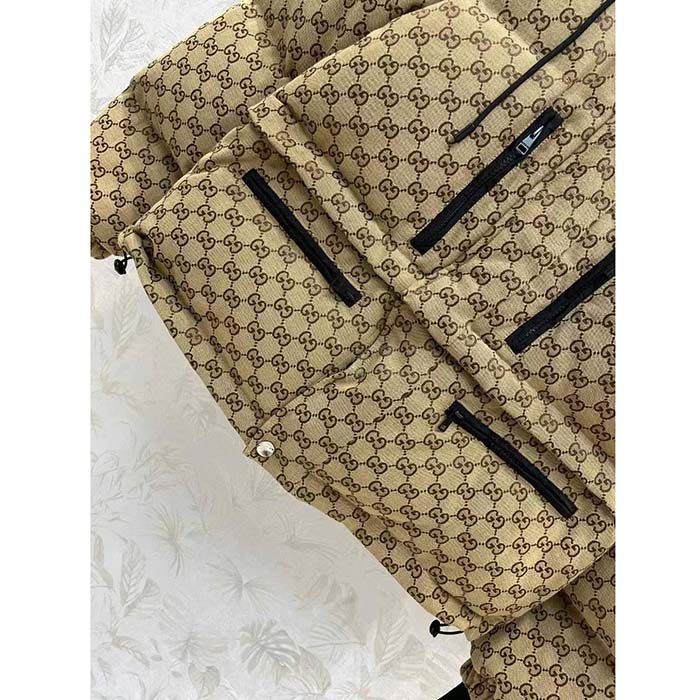 Gucci Women GG Canvas Bomber Jacket Camel Ebony Black Trim Lined Dropped Shoulder Padded