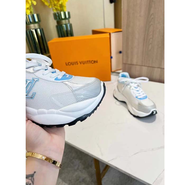 Louis Vuitton LV Unisex Run 55 Sneaker Denim Blue Mix Materials Lifted Rubber Outsole