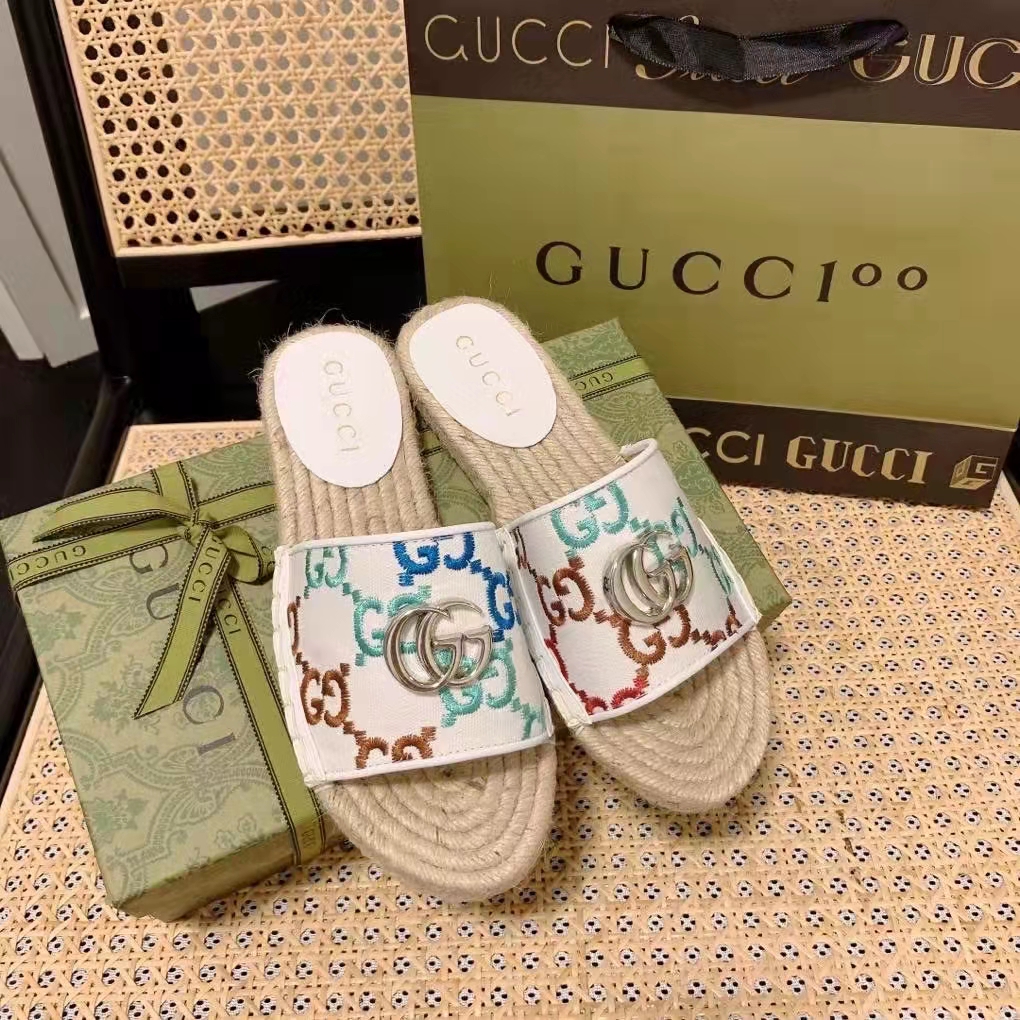 Gucci Unisex GG Espadrille Slides Multicolor GG Linen Canvas 2cm Heel