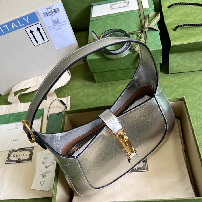 Gucci Women GG Jackie 1961 Small Lamé Shoulder Bag Silver Lamé Leather