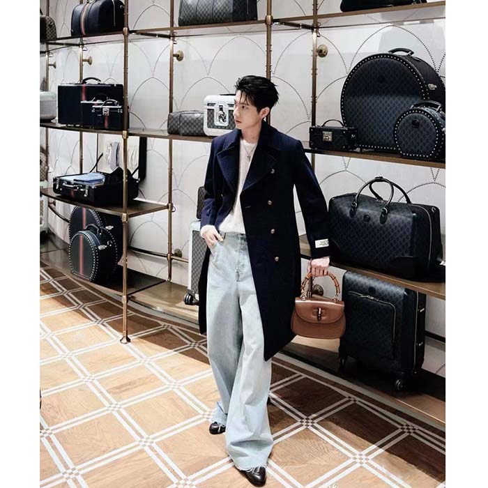 Gucci Men GG Felt Wool Coat Dark Navy Metal Buttons Gucci Cities Label Fully Lined