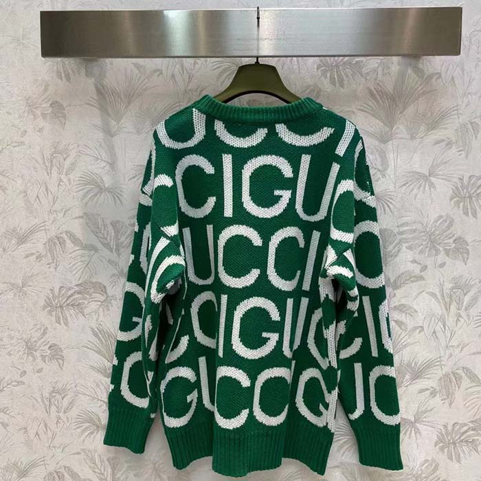 Gucci Women GG Wool Sweater Gucci Intarsia Green Crewneck Dropped Shoulder