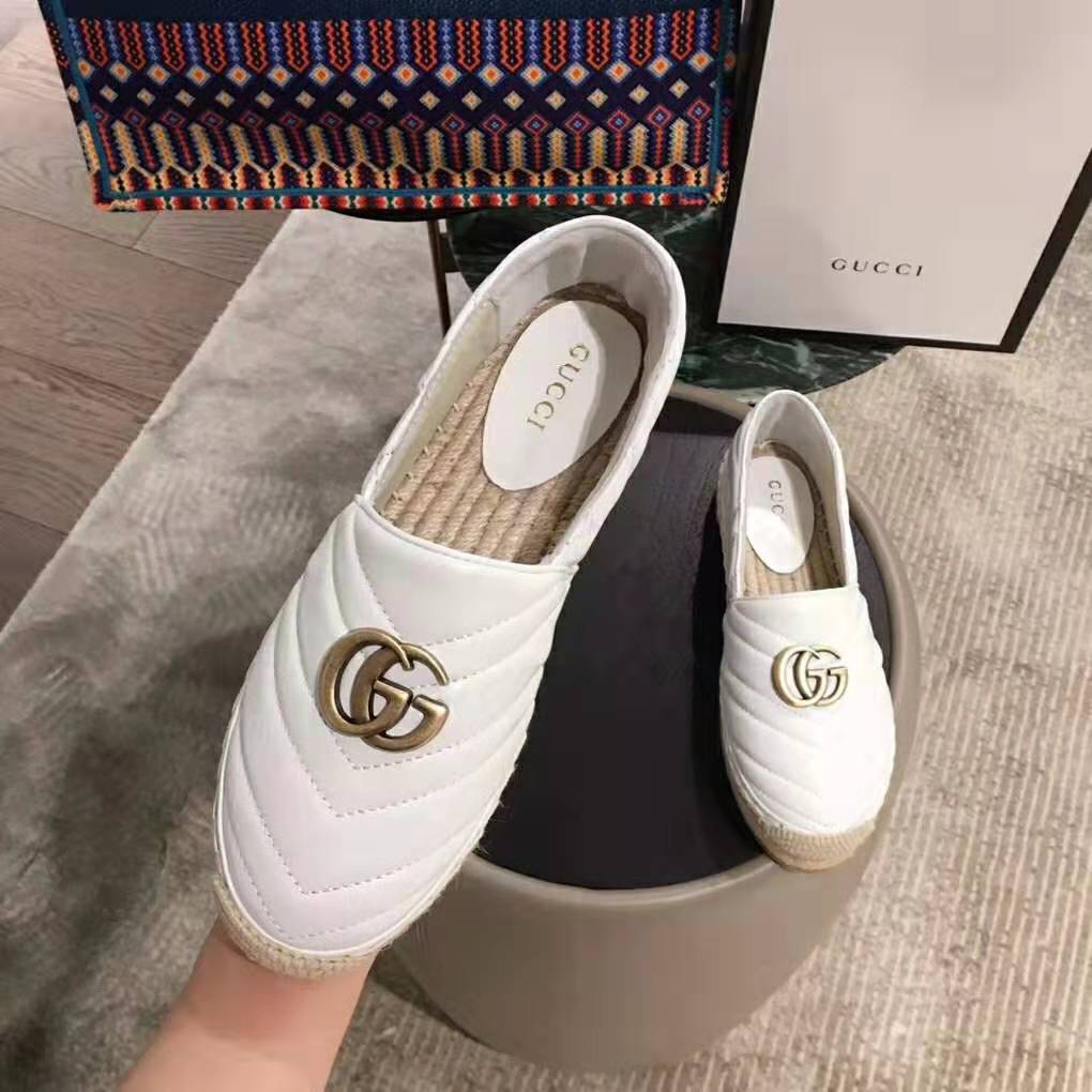 Gucci Women Leather Espadrille with Double G in Matelassé Chevron Leather-White