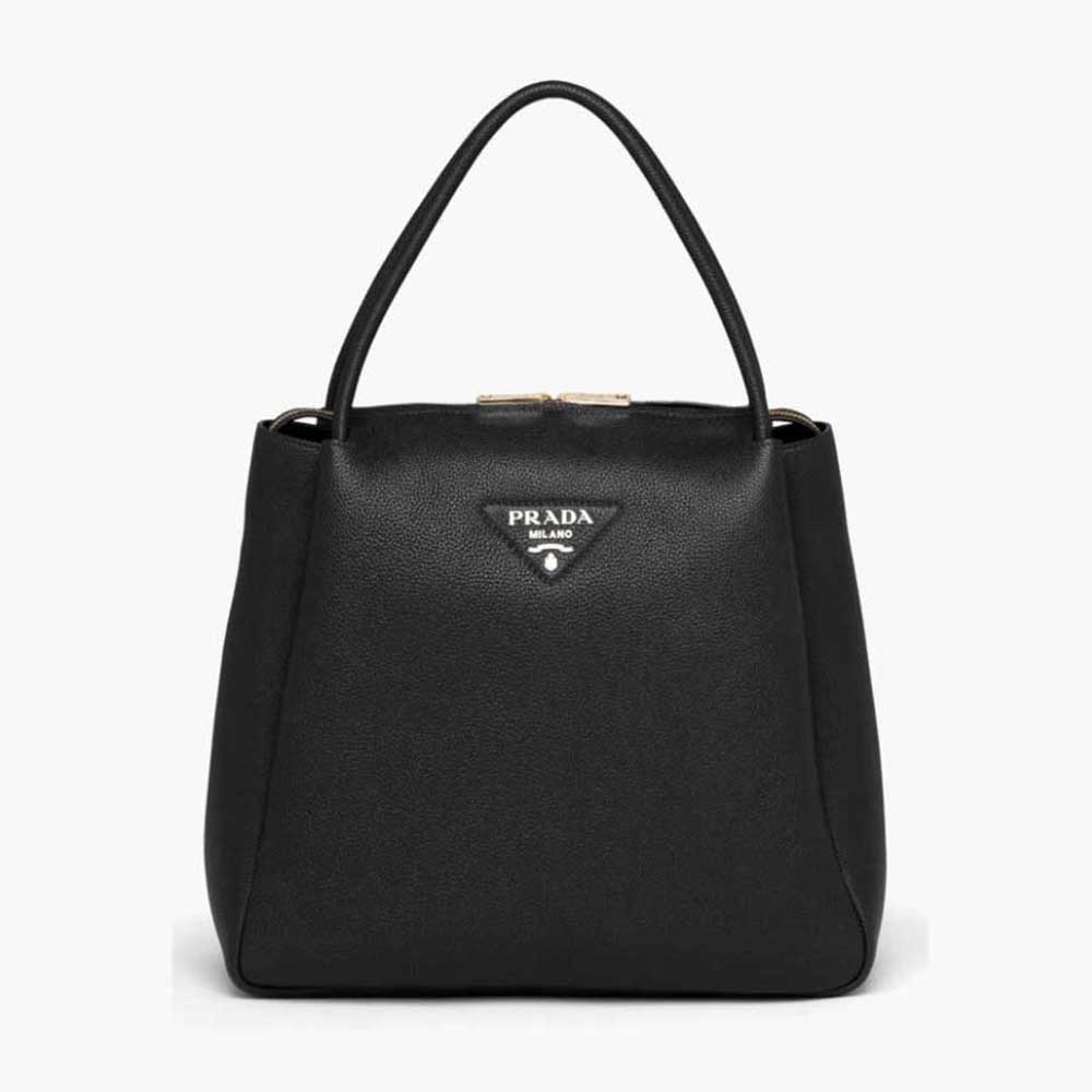 Prada Women Medium Leather Handbag with the Prada Metal Lettering Logo Illuminating Its Center-Black