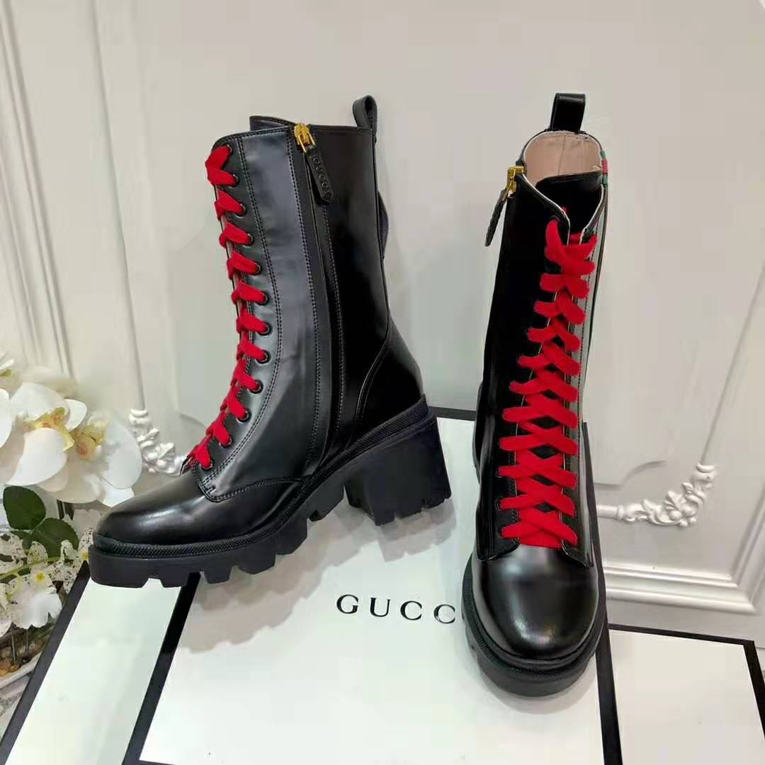 Gucci Women Gucci Leather Ankle Boot with Web in Black Shiny Leather 4.8 cm Heel