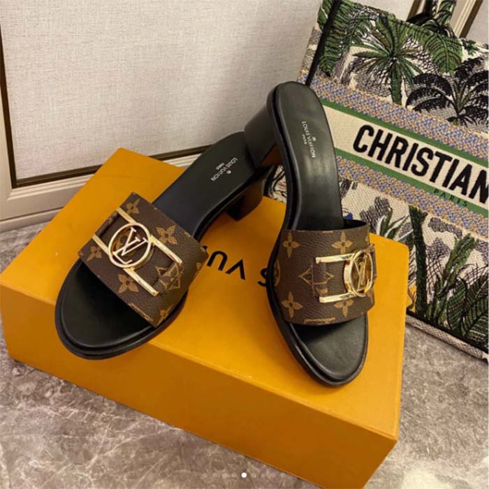 Louis Vuitton LV Women Lock It Mule Brown Patent Monogram Canvas Leather Outsole