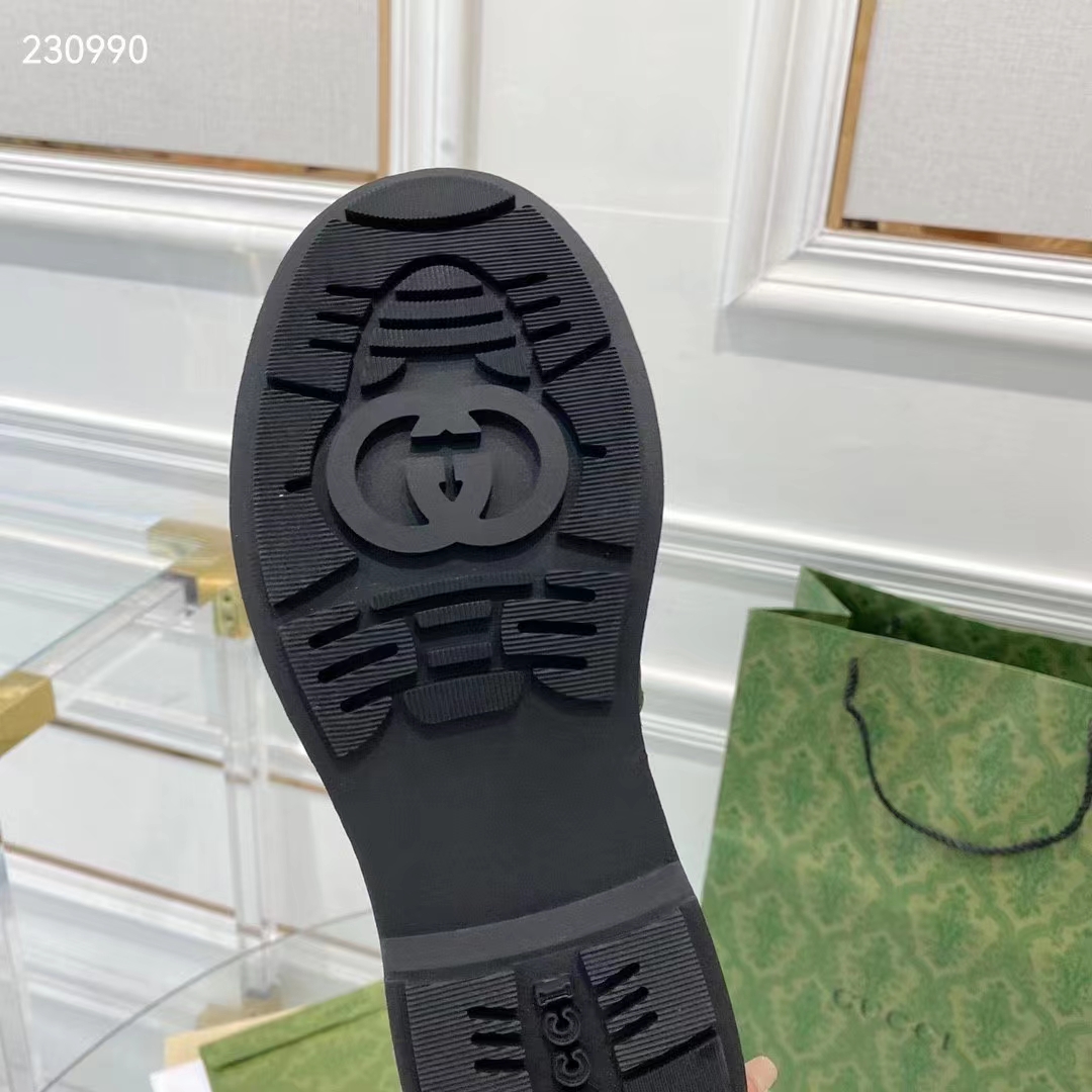 Gucci GG Women Gucci Loafer Black White Leather Scalloped Script Rubber Sole Mid-Heel