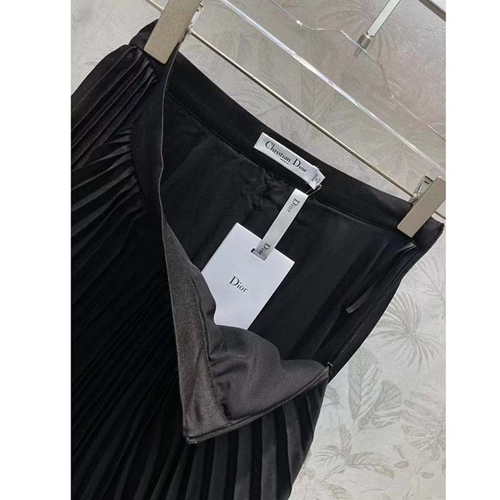 Dior Women CD Mid-Length Pleated Skirt Black Cotton Silk Poplin
