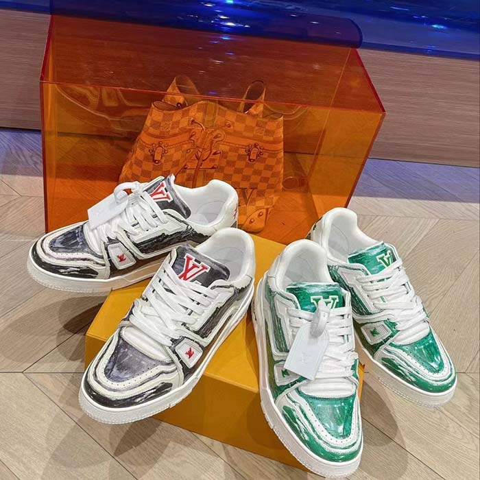 Louis Vuitton Unisex LV Trainer Sneaker Green Printed Calf Leather Rubber Outsole Initials