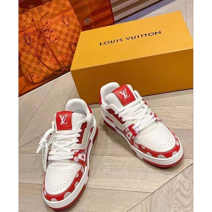 Louis Vuitton Unisex LV Trainer Sneaker Red Calf Leather Rubber Outsole Monogram Flowers