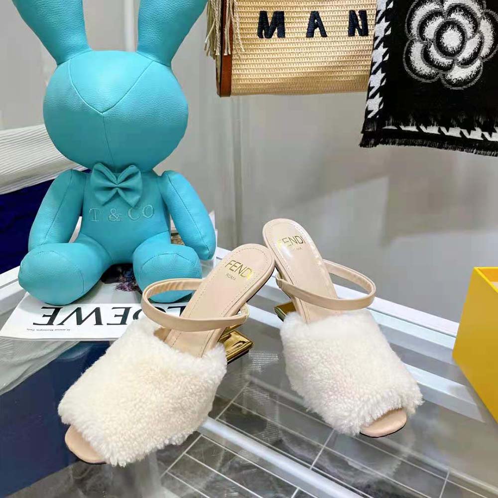 Fendi Women First White Sheepskin High-Heeled Sandals