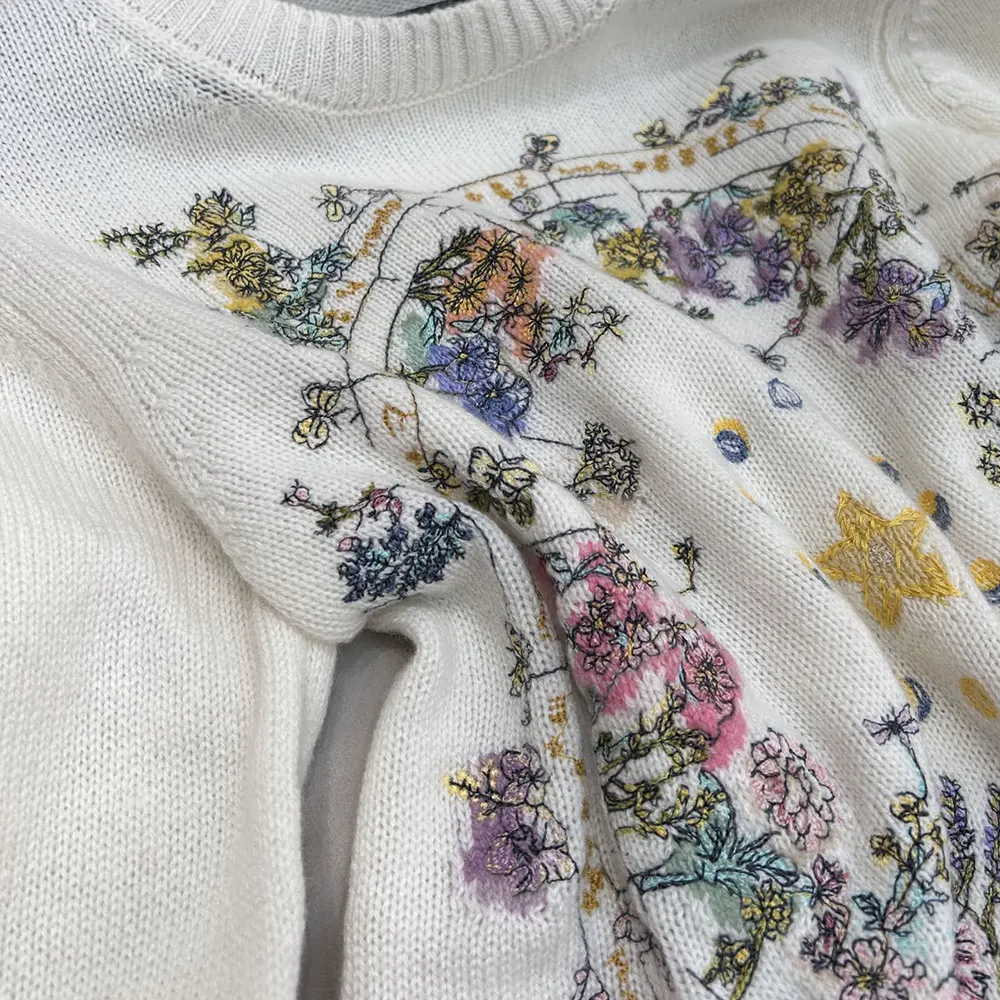 Dior Women Embroidered Sweater White Cashmere Knit with Multicolor Dior Astral Flowers Motif