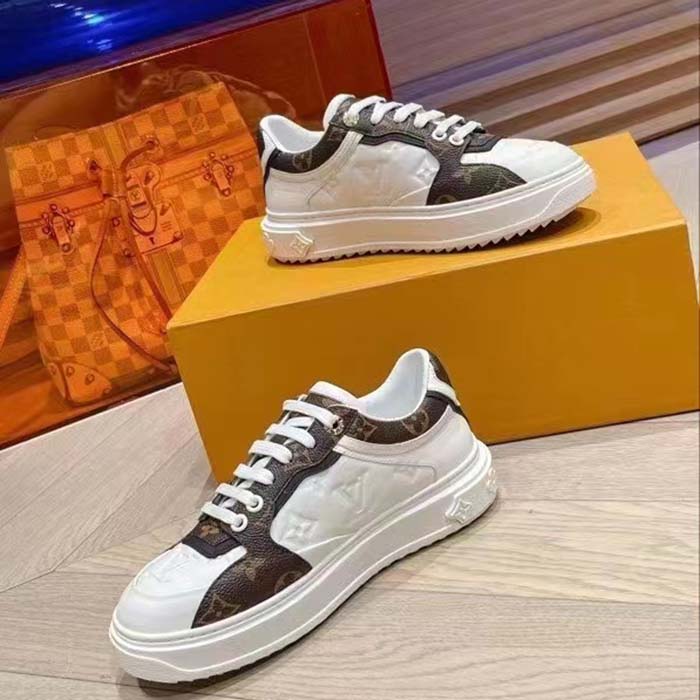 Louis Vuitton Unisex LV Time Out Sneaker White Calf Leather Patent Monogram Canvas