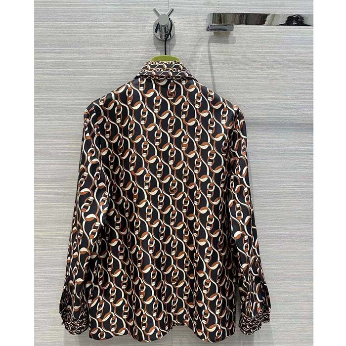 Gucci GG Men Interlocking G Chain Print Silk Shirt Point Collar Long Sleeves