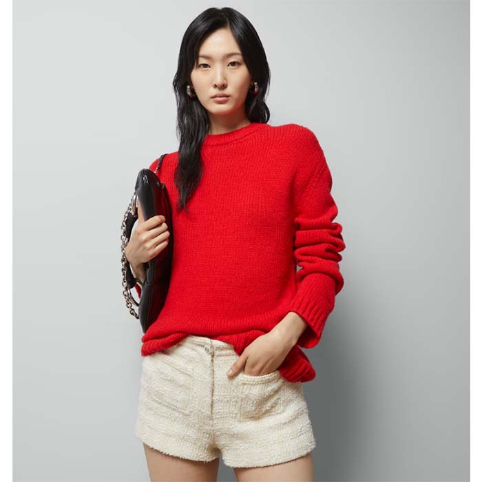 Gucci Women GG Wool Top Gucci Intarsia Red Crewneck Dropped Shoulder Long Sleeves