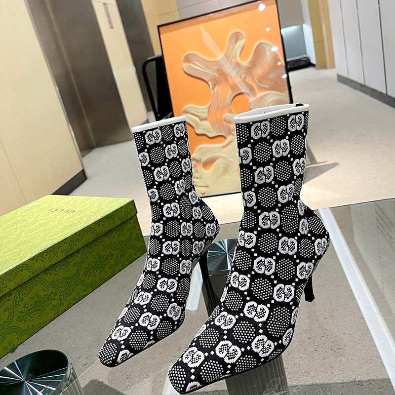 Gucci Women GG Knit Ankle Boots Black White GG Technical Fabric Leather Mid-Heel