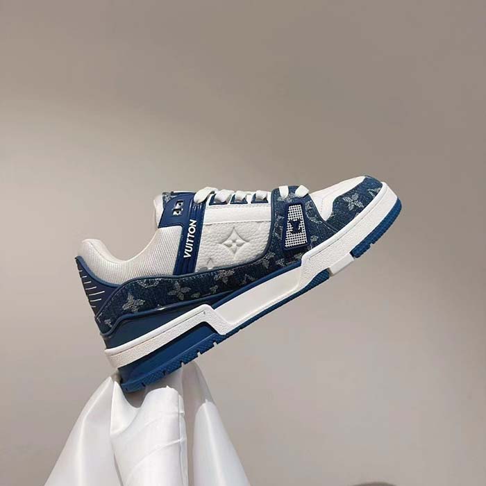 Louis Vuitton Unisex LV Trainer Sneaker Blue Monogram Denim Monogram-Embossed Grained Calf Leather