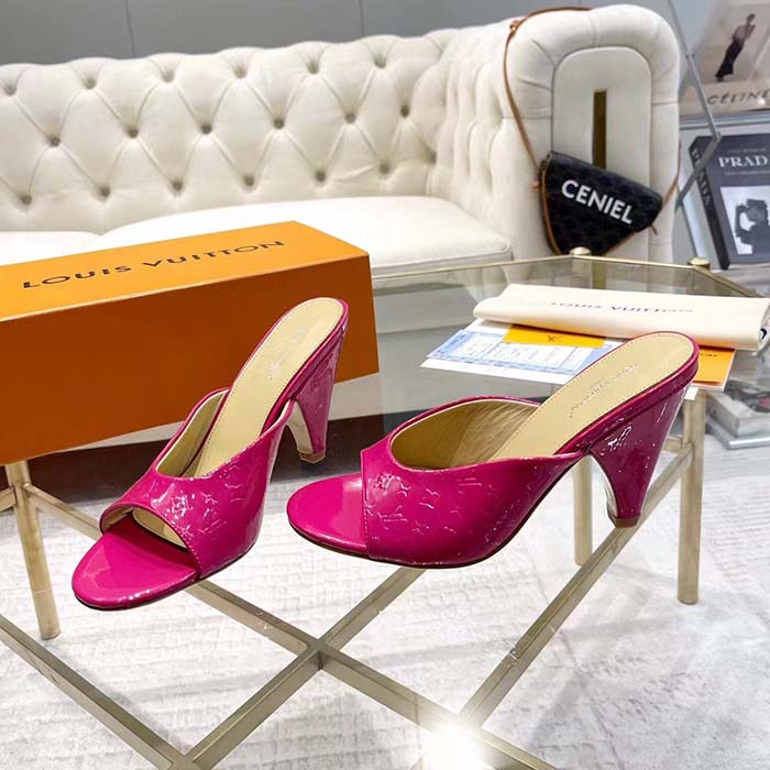 Louis Vuitton LV Women Super Mule Fuchsia Monogram-Debossed Patent Calf Leather 10 CM Heel
