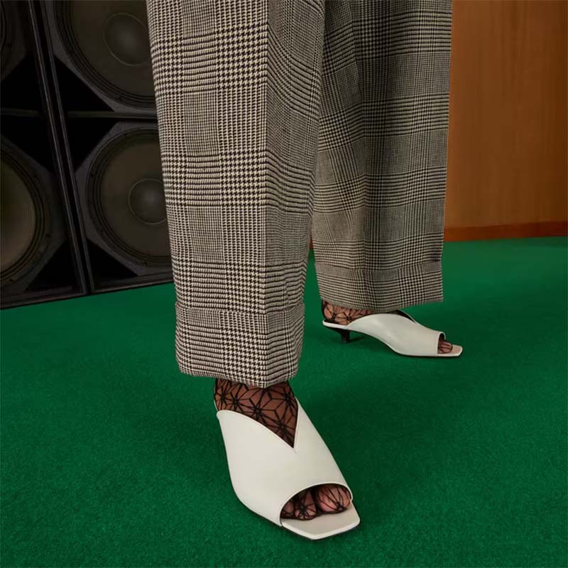 Gucci Women GG Low Heel Sandal White Leather Square Toe Leather Sole 3 Cm Heel