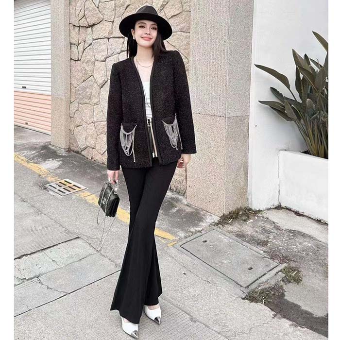 Louis Vuitton LV Women Scuba Trim Tweed Jacket Wool Black Regular Fit