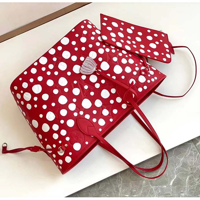 Louis Vuitton Women LVxYK Neverfull MM Tote Red White Embossed Grained Monogram Empreinte Cowhide