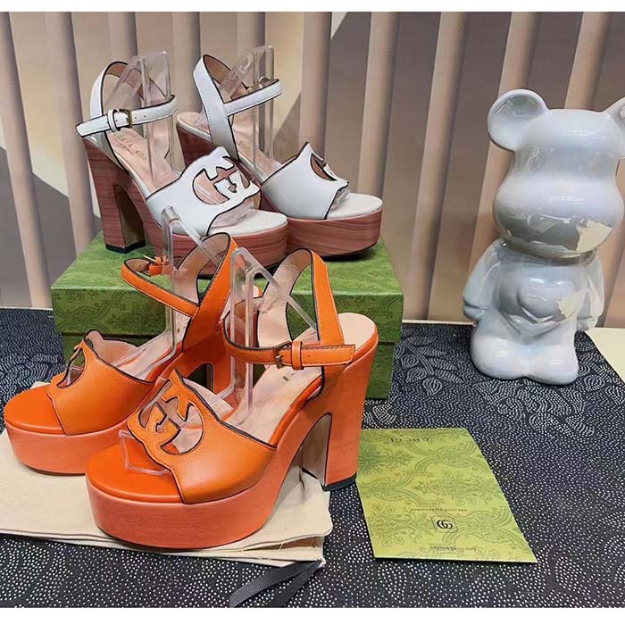 Gucci Women GG Interlocking G Sandal White Leather Wooden High 12 Cm Heel