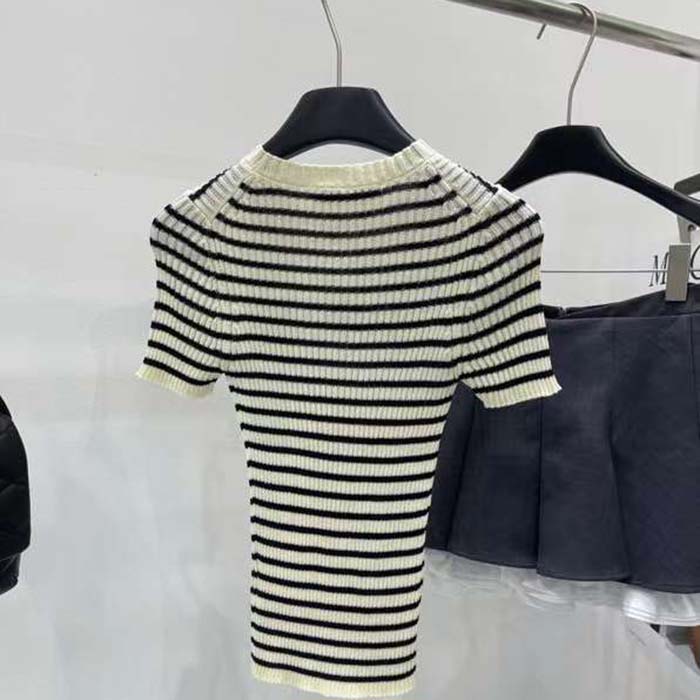 Dior CD Women Dioriviera Short-Sleeved Sweater White Navy Blue Cotton Ribbed Knit