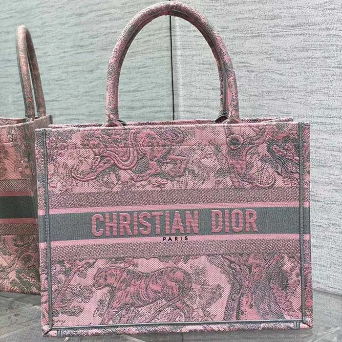 Dior Women CD Medium Book Tote Pink Gray Toile De Jouy Sauvage Embroidery