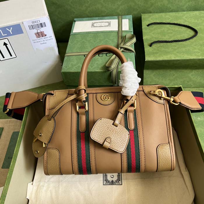 Gucci Unisex Small Canvas Top Handle Bag Double G Light Brown Smooth Leather