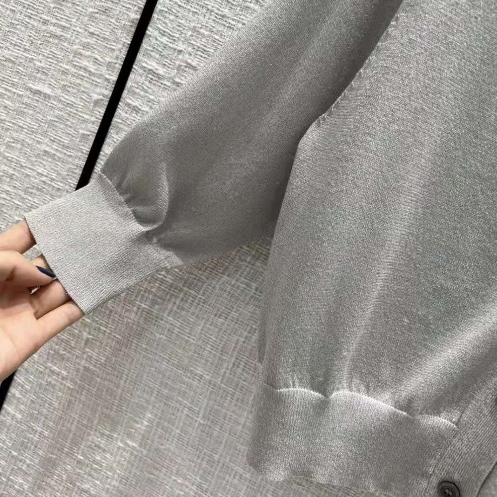 Prada Women Cropped Lurex Cardigan with Intarsia Logo-Silver