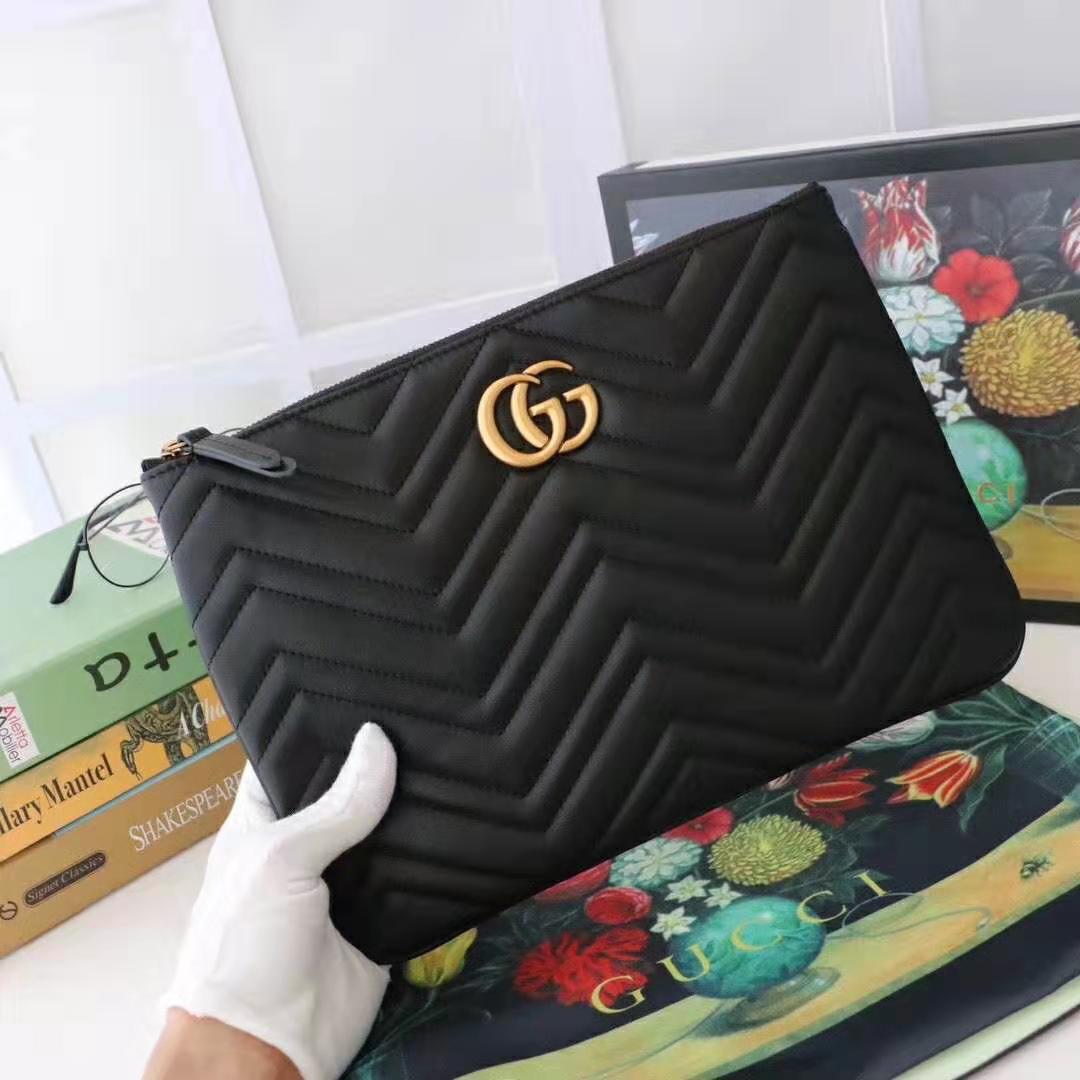 Gucci GG Women GG Marmont Leather Pouch in Black Matelassé Chevron Leather with Heart