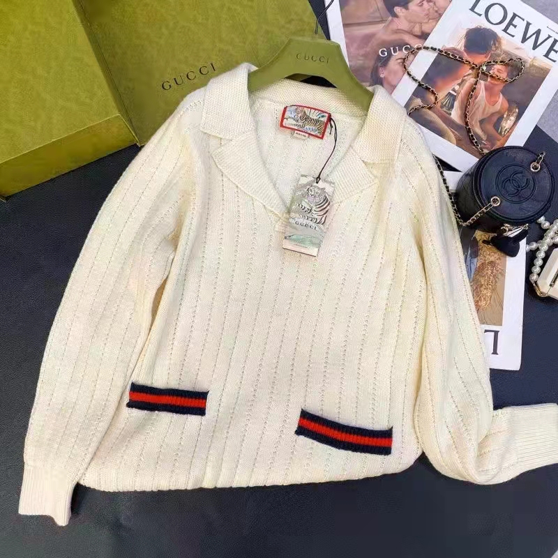 Gucci GG Women Gucci Tiger Knit Sweater Patch Wool Cotton Tiger Flower