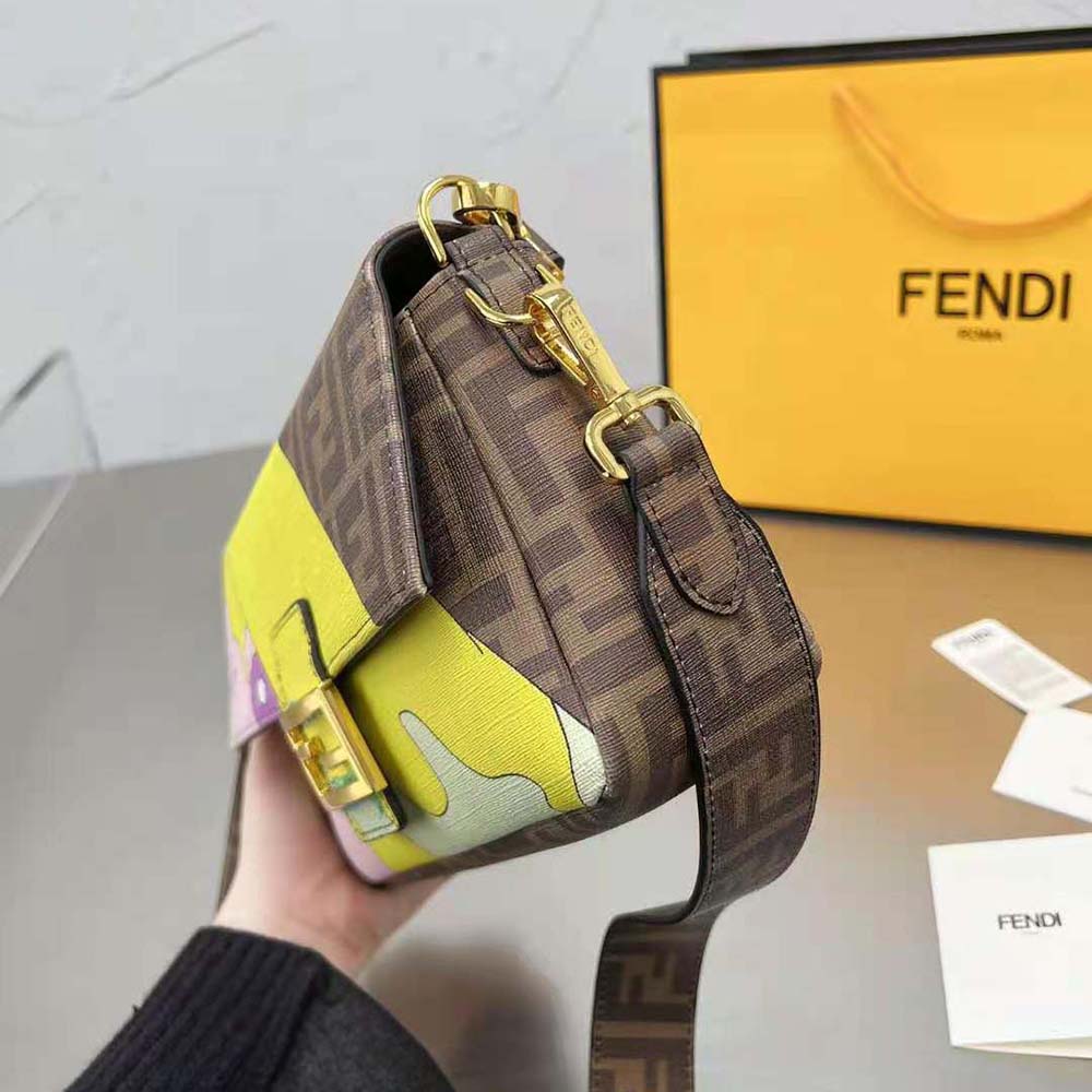 Fendi Women Baguette FF Glazed Fabric Bag with Inlay