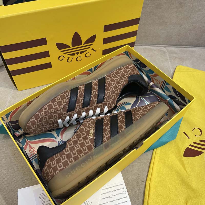Gucci Unisex Adidas x Gucci Gazelle Sneaker Brown Black Square G Suede Leather Low Heel