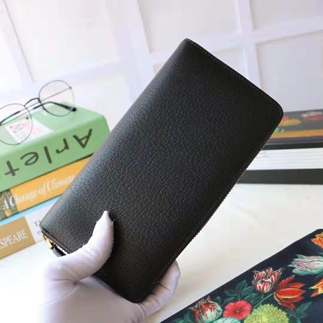 Gucci GG Unisex Leather Zip Around Wallet with Web in Black Leather