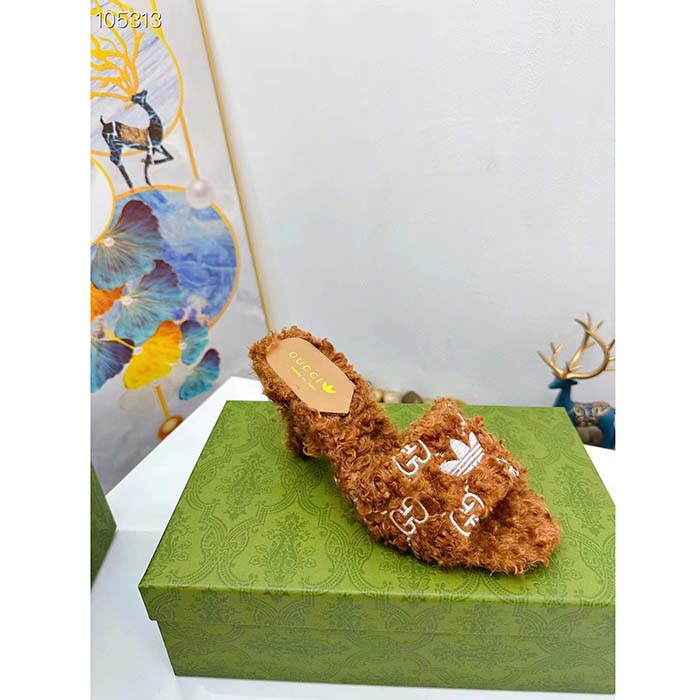 Gucci Women Adidas x Gucci Slide Sandal Brown GG Trefoil Shearling-Effect Fabric