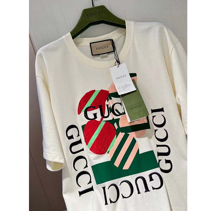 Gucci Women GG Cotton Jersey Printed T-Shirt Off White Cherry Sequin Embroidery